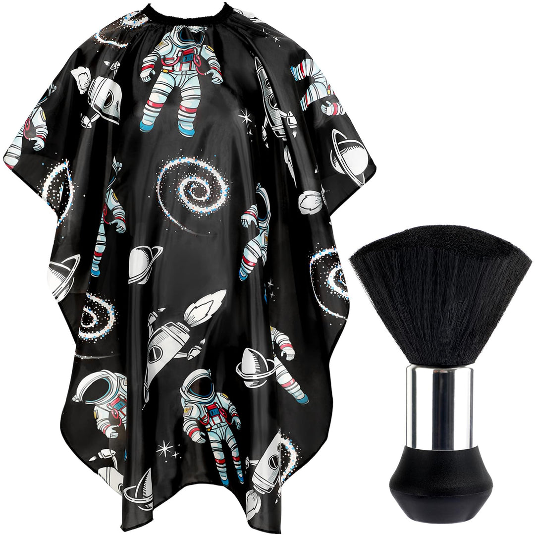 FEBSNOW Kids Hair Cutting Cape,Professional Kids Barber Cape and Neck Duster Brush Cartoon Hairdresser Apron with Adjustable Closure for Children Salon Barber Supplies(Astronaut Space Travel)