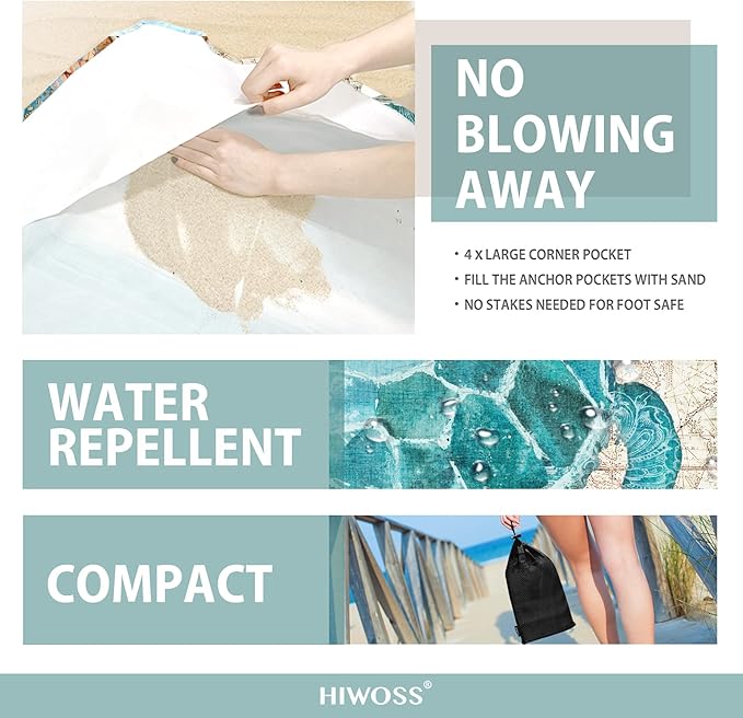 Beach Blanket Waterproof Sandproof Oversized 95”x 80”,Sand Free Beach Mat with Corner Pockets,Portable Mesh Bag for Beach Festival,Picnic,Travel and Outdoor Camping (Seaturtle)