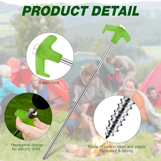 Hicarer 12 Inch Tent Stakes Screw in Camping Stakes Heavy Duty Metal Stake Ground Anchor Peg Threaded Tent Spikes with Hex Head Driver for Camping Garden Inflatable