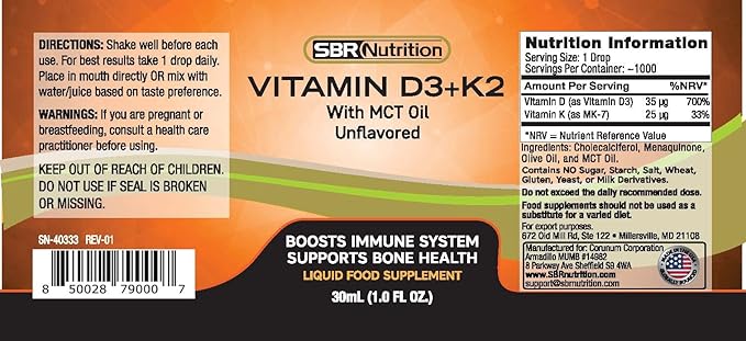 MAX Absorption, Vitamin D3 + K2 (MK-7) Liquid Drops with MCT Oil, Unflavored, Helps Support Strong Bones and Healthy Heart