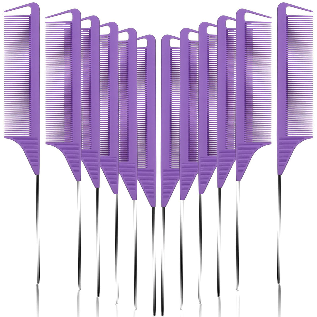 Patelai 12 Pcs Parting Comb For Braids, Purple Stainless Steel Rat Tail Comb For Hair Styling, Hairdressing, Teasing, Pressing,