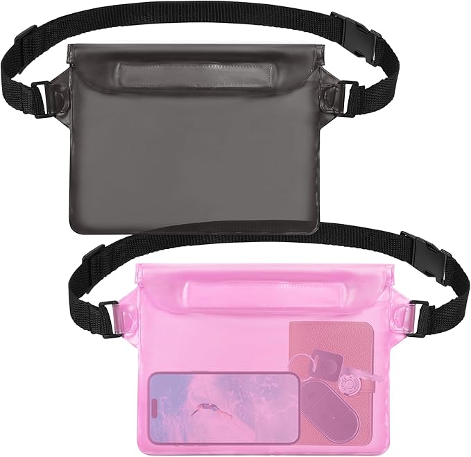 2-Pack Waterproof Pouch with Adjustable Waist Strap, Waterproof Dry Bag, Keeps Cell Phones and Valuables Safe and Dry, Perfect for Kayaking, Beach, Camping and Swimming (Black)