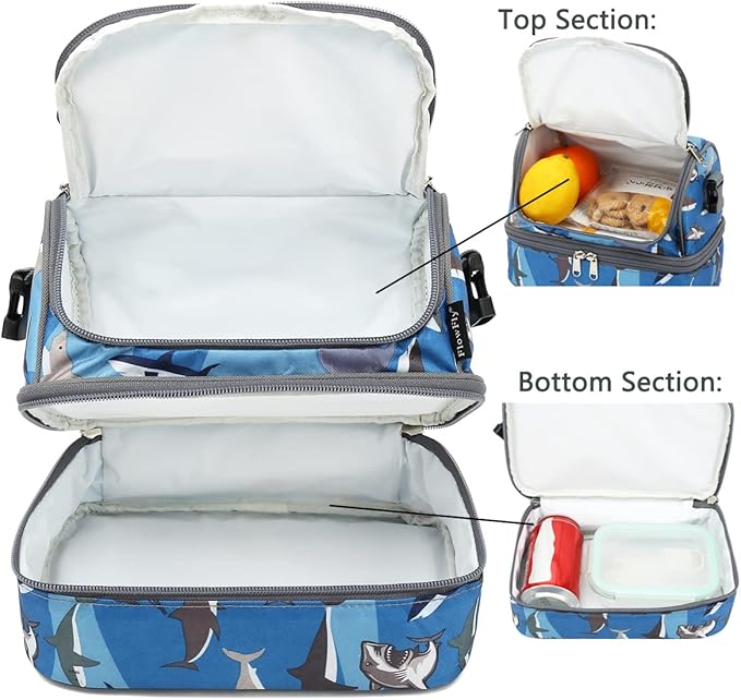 FlowFly Kids Double Decker Cooler Insulated Lunch Bag Large Tote for Boys, Girls, Men, Women, With Adjustable Strap, Shark