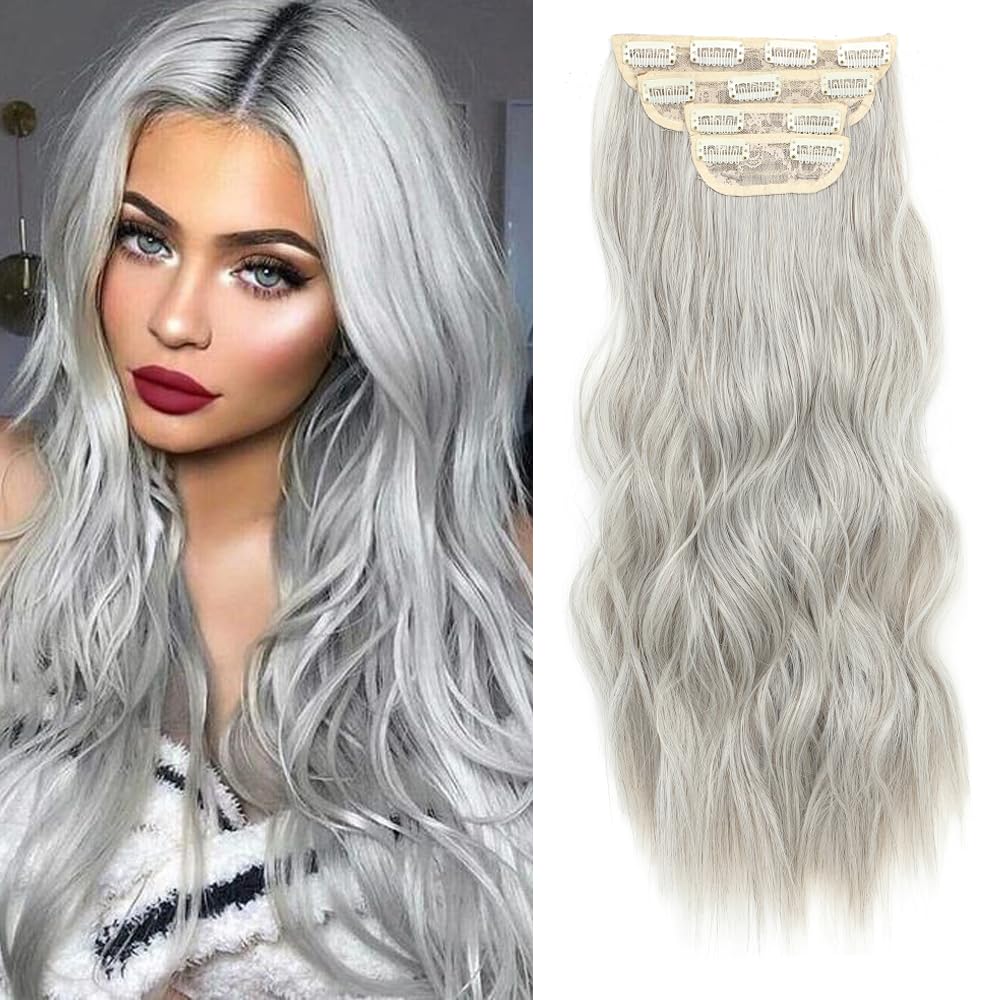 Clip In Hair Extensions Long Wavy Hair Extensions 4PCS Grey Clip Ins for Women Soft and Natural Gray Synthetic Hairpieces