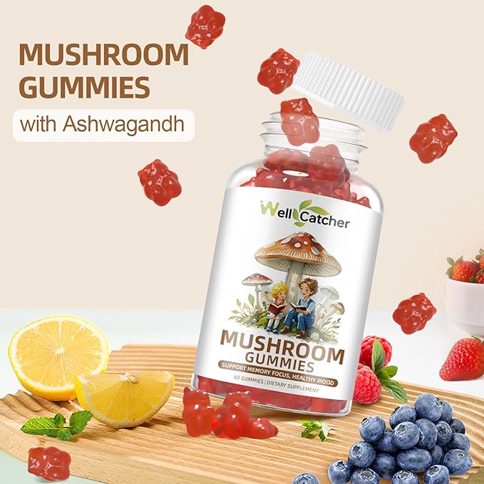 Mushroom Gummies Supplement with Ashwagandha - Lion Mane Mushroom Supplement for Adults Kids with Reishi Cordyceps Brain Supplements for Memory and Focus Organic Vegan Non GMO Mixed Fruit Flavor 60CT