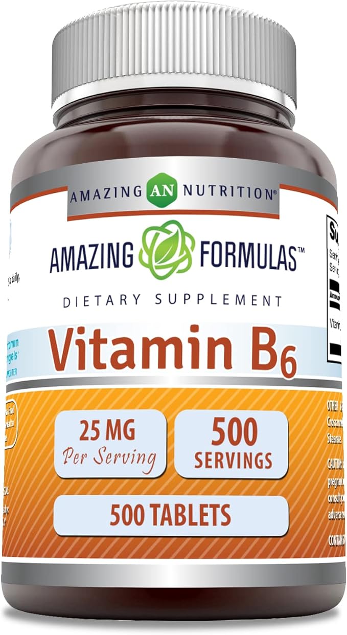 Amazing Formulas Vitamin B6 Pyridoxine 25mg Tablets Supplement | Non GMO | Gluten Free | Made in USA (500 Tablets)