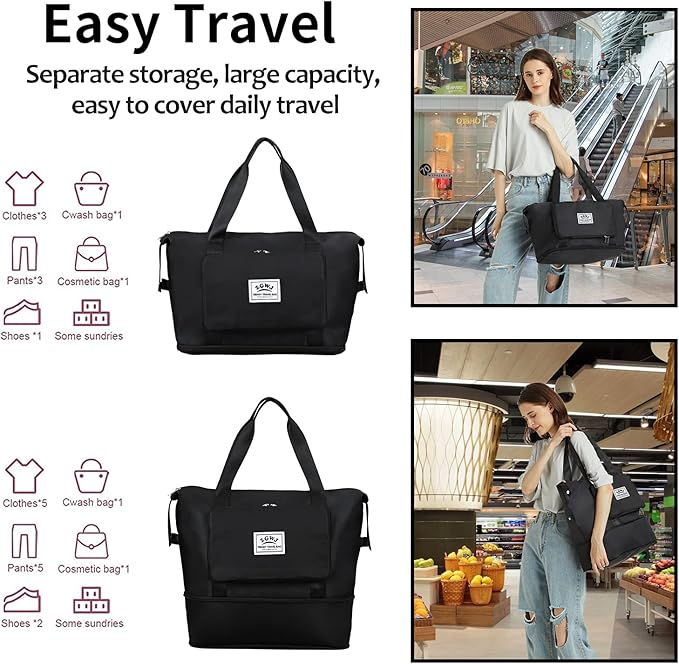 Expandable Travel Duffel Tote Bag - Foldable Overnight Weekender, Carry-On, Swim & Gym Bag - Fits Spirit Airlines Personal Item Size - Lightweight, Waterproof & Durable with Trolley Sleeve,Black