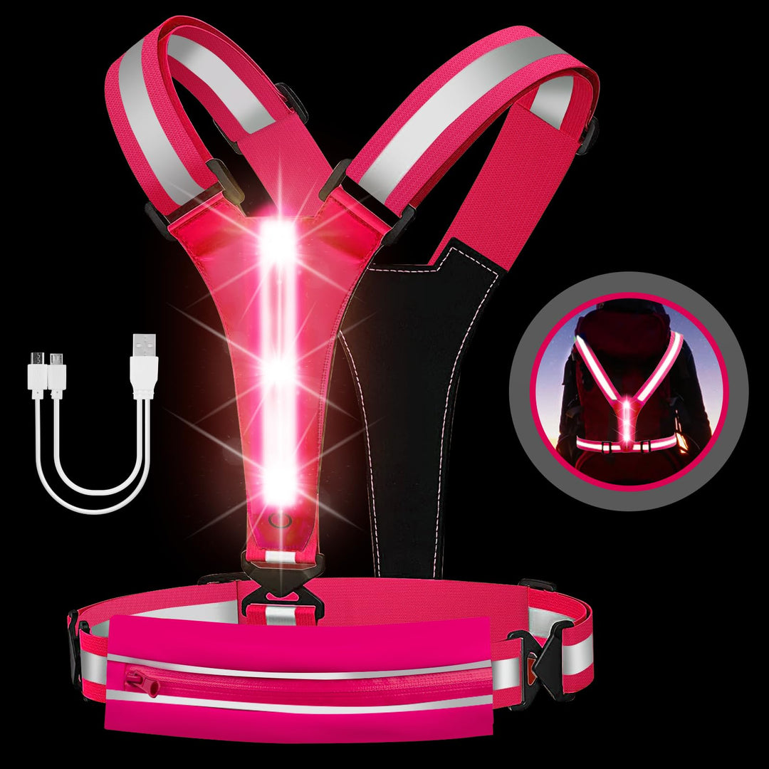 LOYAL SEA LED Reflective Light Up Safety Running Vest for Biking Walking at Night, High Visible Adjustable Running Light for Runners Rechargeable with Pouch, Reflective Running Belt Gear for Women