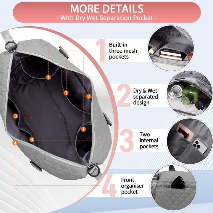 FIORETTO Women's Water-Resistant Travel Gym Duffle Bag with Detachable Strap, Multi-Functional, Ideal for Travel, Gym, Sports, Weekender, DUffel, with Toiletry Bag, Grey