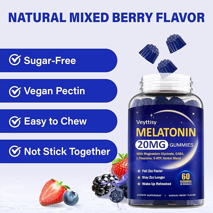 Melatonin 20mg Gummies for Adults - Max Strength Melatonin Gummy Supplement with Magnesium Glycinate, B6, B12, L-Theanine, GABA, 5-HTP & Herbs - Non-Habit Forming, Vegan, Natural Mixed Berry Flavor