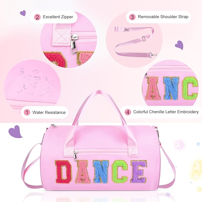 Dance Bag for Girls, KUIRAN 23L Waterproof Travel Duffel Bag with Colorful Chenille Letter, Lightweight Small Gym Sport Ballet Bag Weekender Bag with Large Main Compartment - Pink