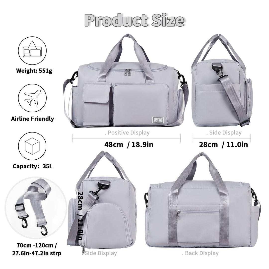 FIORETTO Women's Water-Resistant Gym Duffle Bag with Shoes Compartment, 37L Capacity, Multi-Functional, Ideal for Travel, Gym, Sports, Weekender, Grey