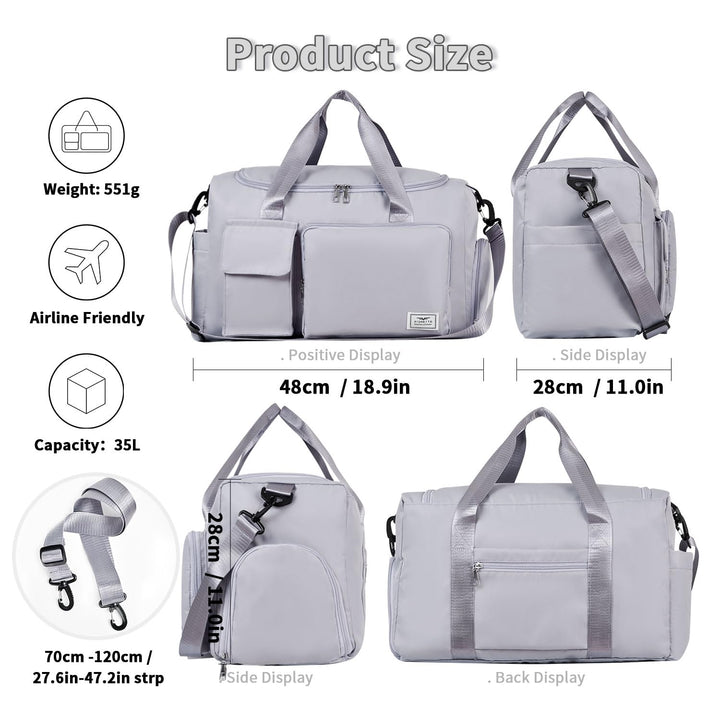 FIORETTO Women's Water-Resistant Gym Duffle Bag with Shoes Compartment, 37L Capacity, Multi-Functional, Ideal for Travel, Gym, Sports, Weekender, Grey