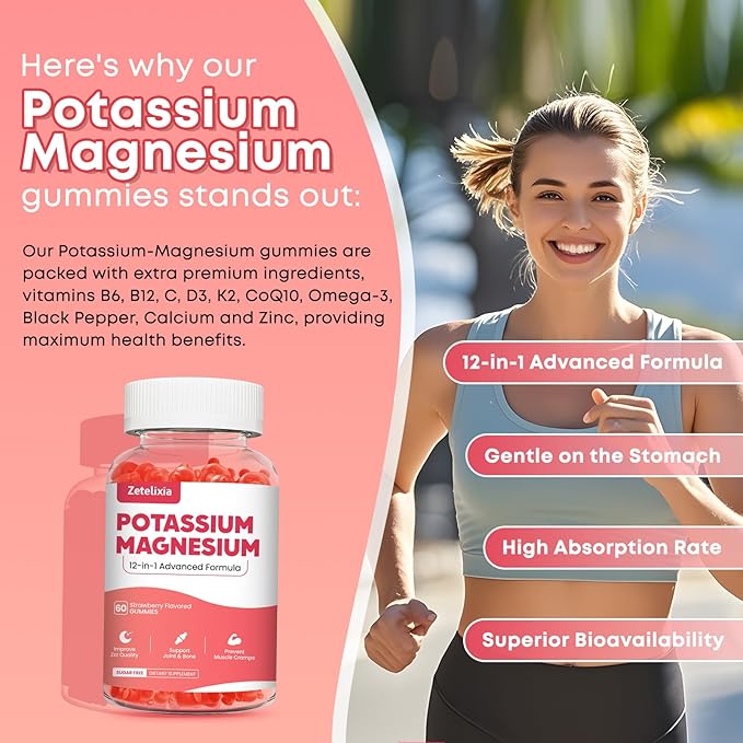Potassium Magnesium Supplement Gummies for Adults Kids, Magnesium Glycinate & Potassium Citrate, Plus Multivitamin, Omega-3 & Black Pepper, Leg Cramps, Muscle & Heart Health, 60ct