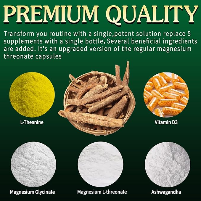 Magnesium Ashwagandha Supplement,Magnesium L-threonate & Glycinate,Melatonin,L-Theanine Plus Vitamin D3,Gluten Free,120 Capsules