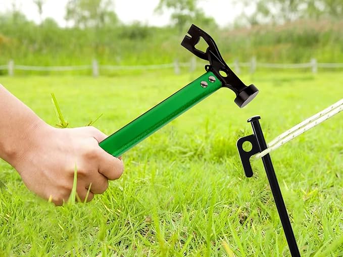 Carbon Steel Aluminum Camping Hammer, 12" Small Lightweight Three-in-One Functional Tent Stake Hammer for Hiking Kit Green
