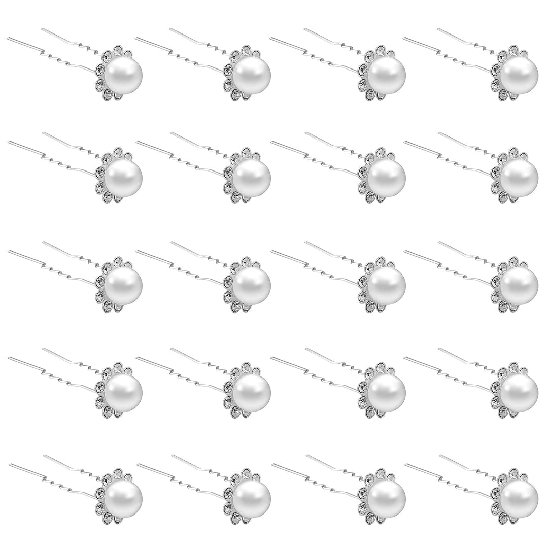 QIUTIMIY 20 Pack (White) Pearl Crystal Hair Pins Flower Rhinestone Hair Clips for Bridal Wedding Women Hair Jewelry Accessories, with Clear Container