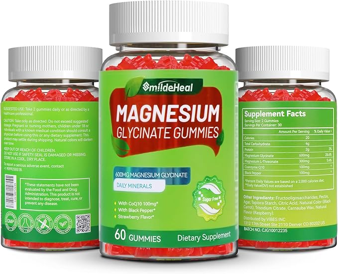 Magnesium Glycinate Gummies 600mg, Magnesium Gummies for Women & Men, with Magnesium L-Threonine 300mg, CoQ10 and Black Pepper, Vegan (120 Count)