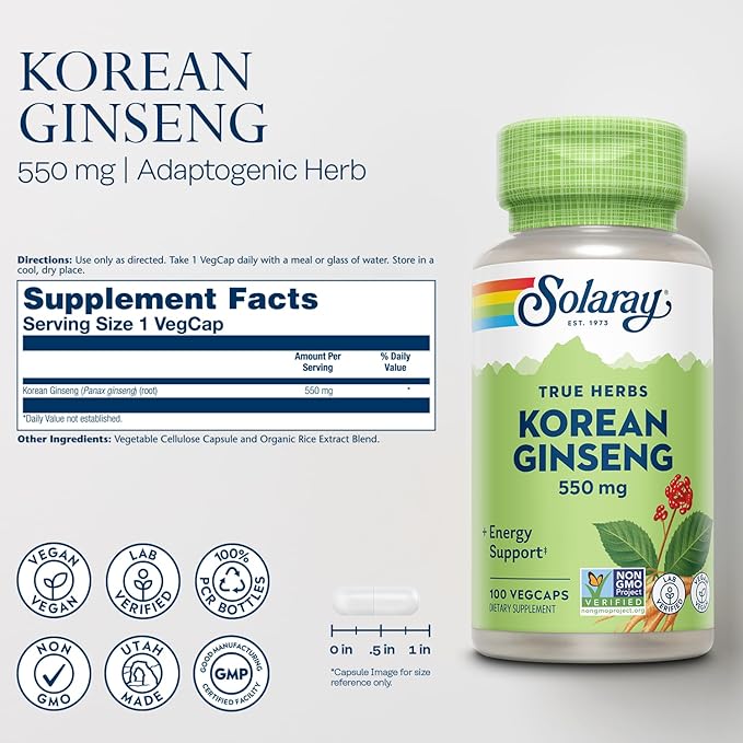 SOLARAY Korean Ginseng 550 mg - Ginseng Root - Stress, Physical Endurance and Energy Supplements - Non-GMO, Vegan, Lab Verified - 100 Servings, 100 VegCaps