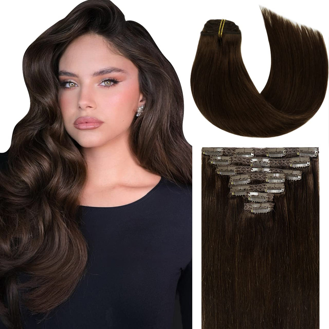 Lacer Clip In Human Hair Extensions, 22 Inch 140G Light Dark Brown Clip In Hair Extensions Real Human Hair Double Weft Natural S