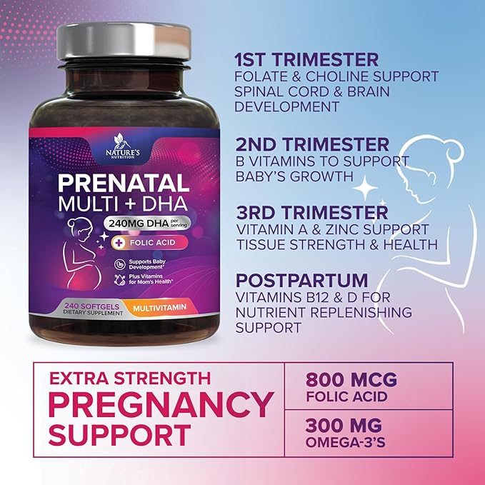 Prenatal Vitamins for Women with Folate & DHA, Prenatal Multivitamin Supports Brain Development with Folic Acid, Omega 3, Vitamin A, C, D, B6, B12 & Iron, Pregnancy Supplement, Non-GMO - 240 Softgels