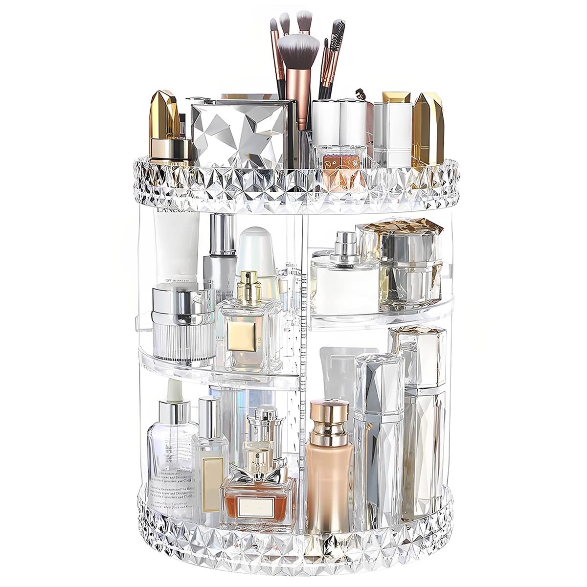 3 Tiers Rotating Makeup Organizer with Compartment 360° Rotating Makeup Stand Display Case Large Capacity Cosmetic Display Box Clear for Dresser Bathroom Skincare,Lipsticks,Makeup Brushes