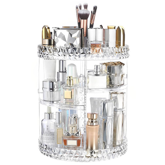 3 Tiers Rotating Makeup Organizer with Compartment 360° Rotating Makeup Stand Display Case Large Capacity Cosmetic Display Box Clear for Dresser Bathroom Skincare,Lipsticks,Makeup Brushes