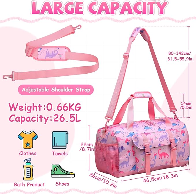Kids Overnight Duffel Bags,Kasqo Girls Dance Bag Water Resistant Sports Gym Ballet Bag for Teens Sleepover Travel Bag Weekender Carry On Tote with Shoes Compartment Dry Wet Pocket,Pink Dinosaur