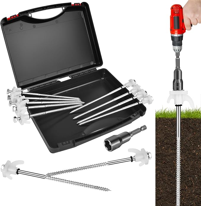 12 Pack Tent Stakes Heavy Duty 8 Inch Ground Anchor Screw Camping Stakes with Luminous Head Metal Threaded Tent Pegs, Includes Hex Head Driver and Storage Box