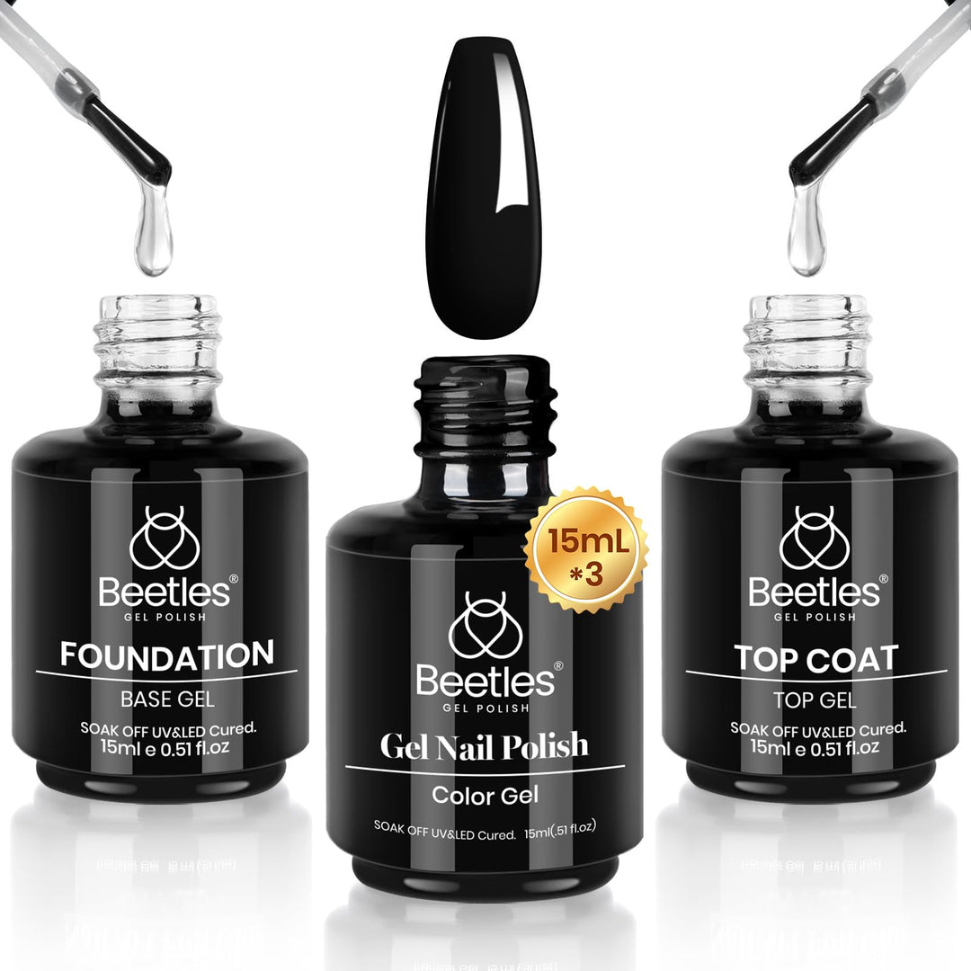 Beetles 3 Pcs No Wipe Gel Top Coat Base Coat & Black Gel Nail Polish Set, Shine Finish and Long Lasting, Soak Off LED Nail Lamp Gel Base Top Coat Uv Lamp Gel Polish Nail Art Manicure Gifts for Women