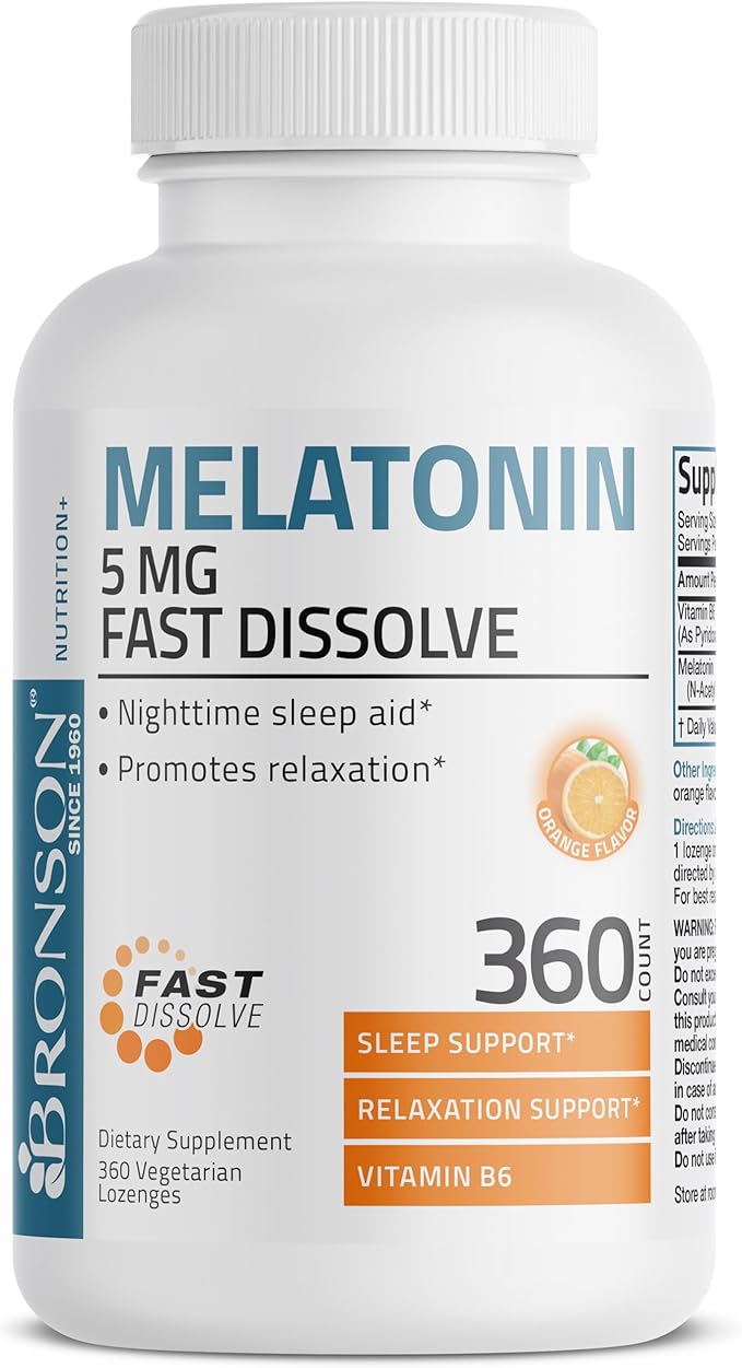 Bronson Melatonin 5mg Fast Dissolve Orange Flavor Tablets with Vitamin B6 - Promotes Relaxation, 360 Vegetarian Chewable Lozenges