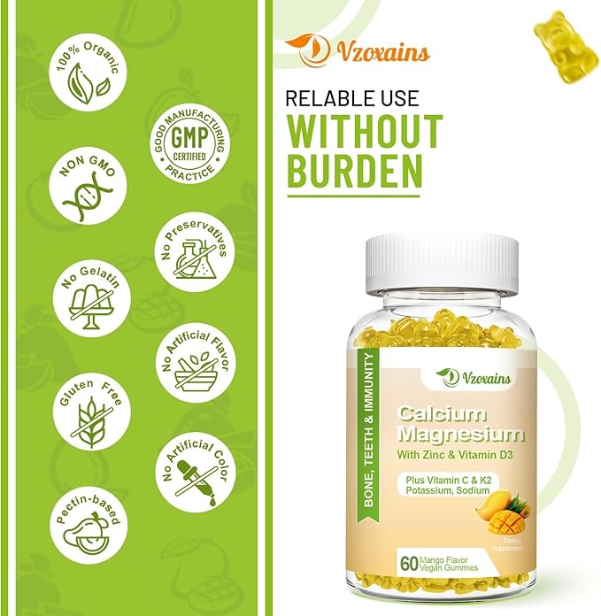 High Absorption Calcium Gummies, Calcium Magnesium Zinc with Magnesium Glycinate, Potassium, Vitamin D3 for Women & Men- Mango Flavor 60 Cts
