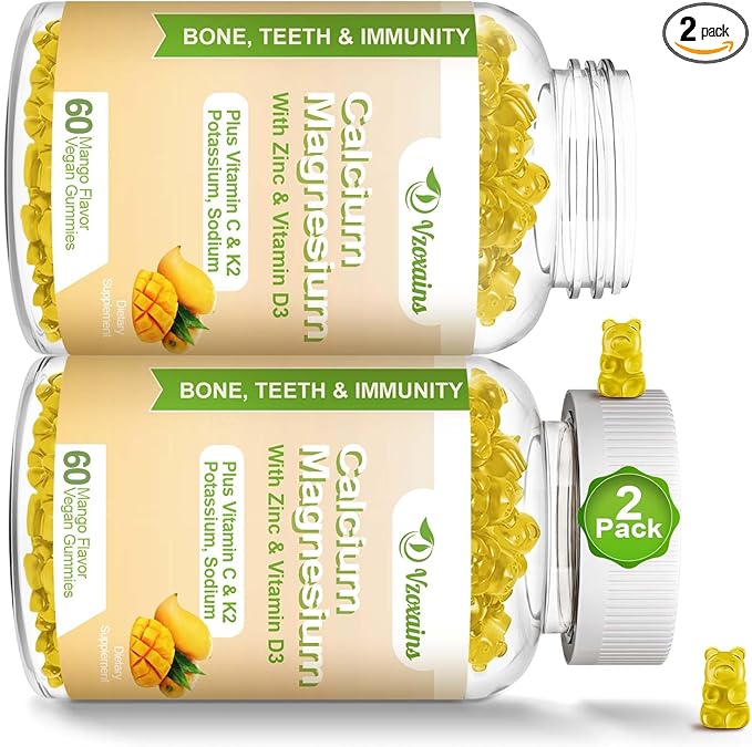 High Absorption Calcium Gummies, Calcium Magnesium Zinc with Magnesium Glycinate, Potassium, Vitamin D3 for Women & Men- Mango Flavor 120 Cts