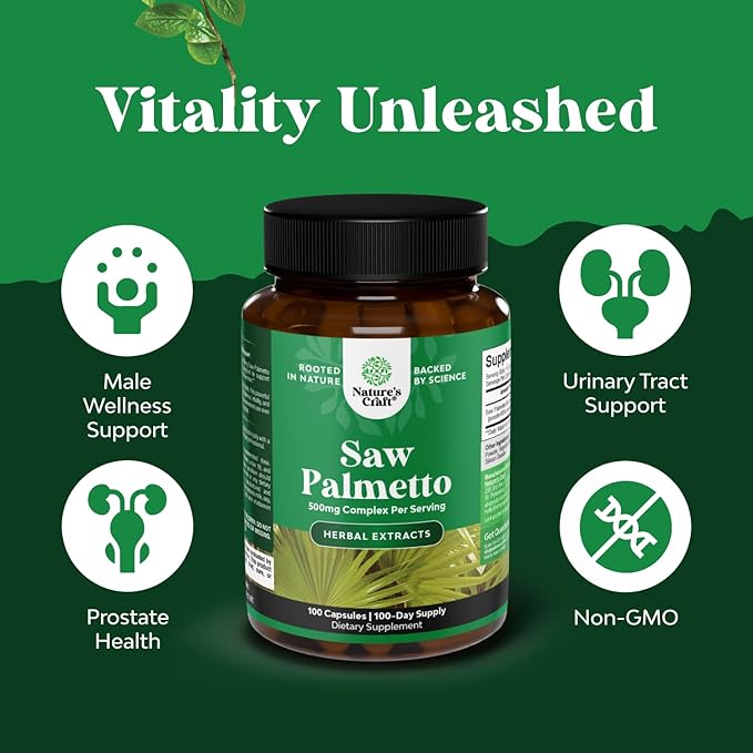 Extra Strength Saw Palmetto Extract - Advanced Herbal Complex for Hair Health and Urinary Support with Plant Sterols & Flavonoids - Potent Herbal Supplement with 500mg per Serving - 100 Capsules