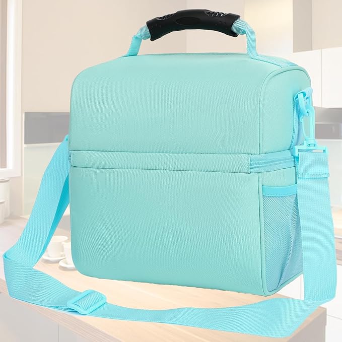 FlowFly Double Layer Cooler Insulated Lunch Bag Adult Lunch Box Large Tote Bag for Men, Women, With Adjustable Strap,Front Pocket and Dual Large Mesh Side Pockets