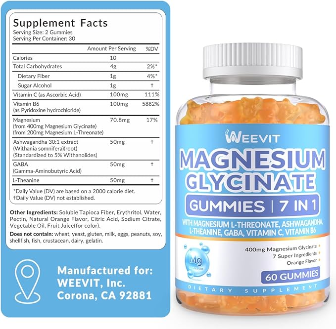 Magnesium Glycinate Gummies 400mg with Magnesium L-Threonate 200mg, Magnesium Gummies for Women and Men