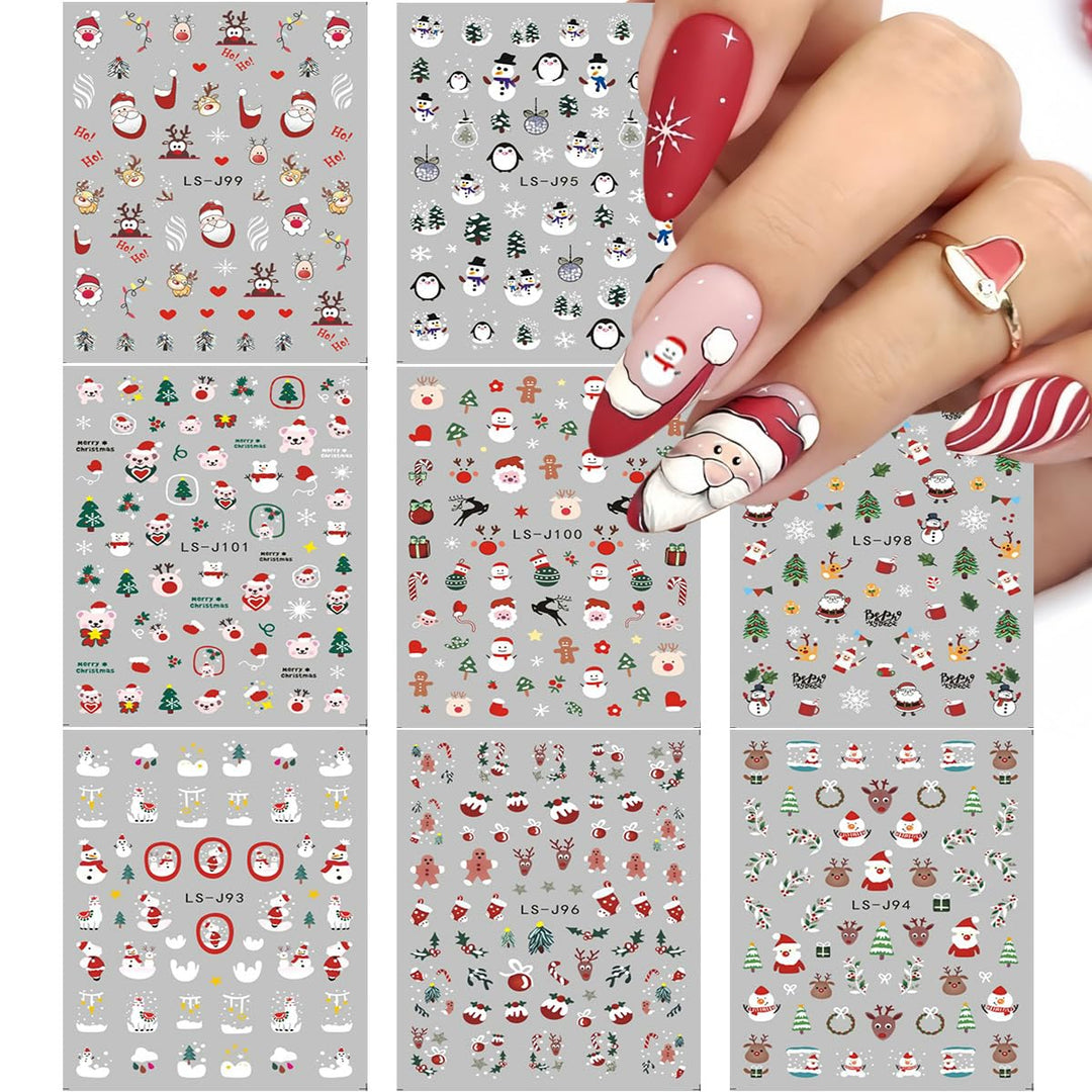 9 Sheets Christmas Nail Stickers Snowflake Nail Decals Snowman Elk Tree Santa Claus Nail Stickers Design Stickers 3D Self-Adhesive Holiday Xmas Nail Decals for Nail Art Manicure Decorations