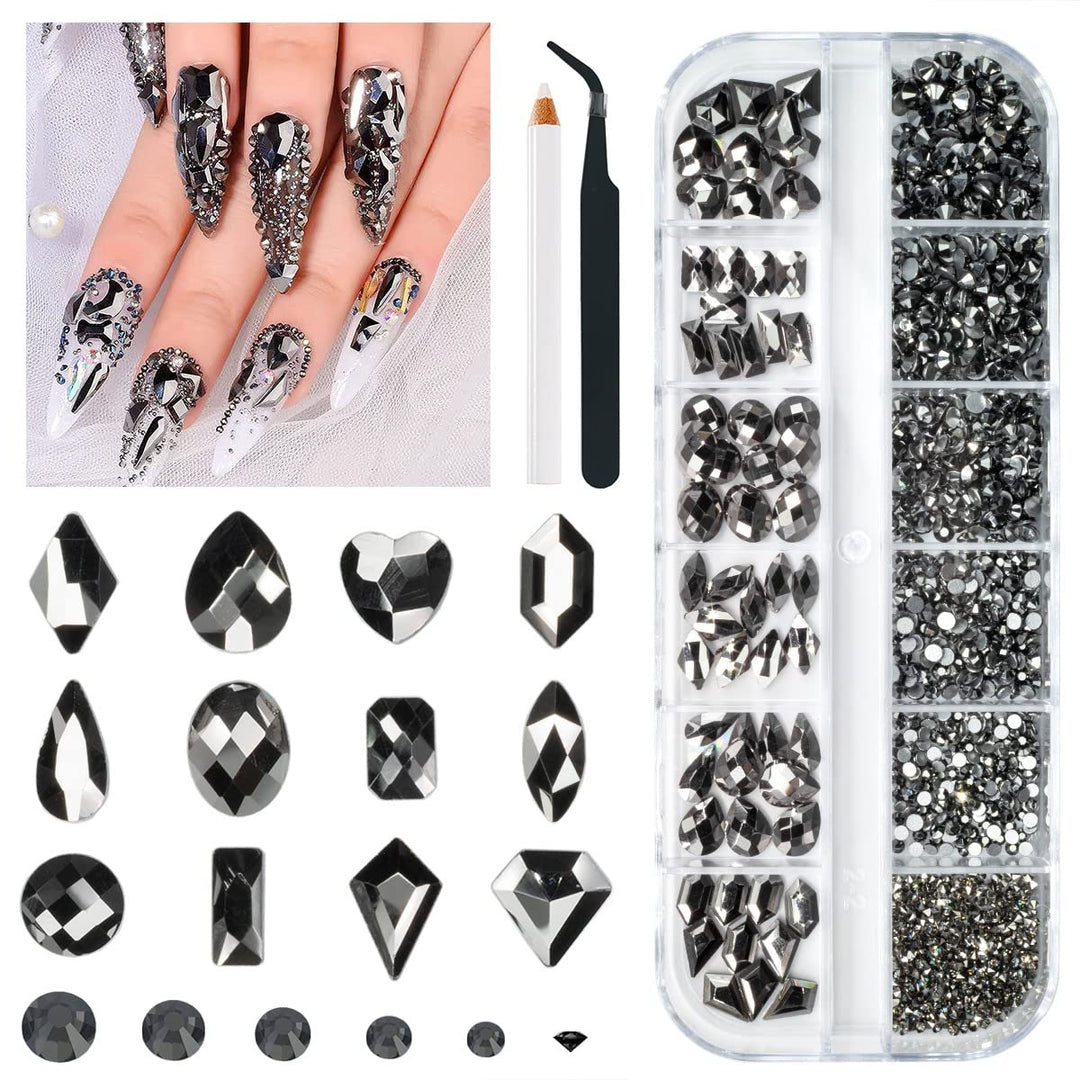 Qiipii Mine Black Nail Rhinestones Multi Shapes Metallic Black Rhinestones For Nails Flatback Nail Gems K9 Glass Round Beads Sto