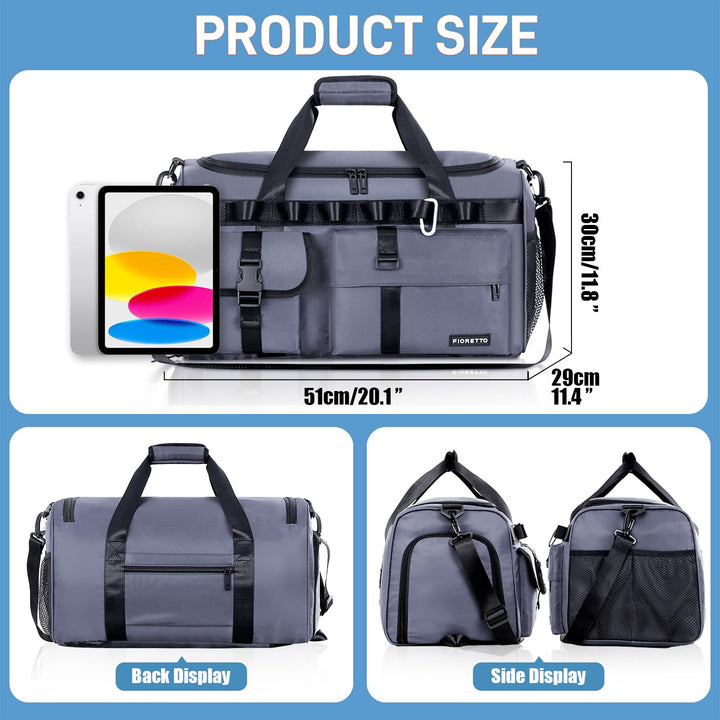 FIORETTO Women's Men's Water-Resistant Gym Duffle Bag with Shoes Compartment, 45L Capacity, Multi-Functional, Ideal for Travel, Gym, Sports, Weekender, Blue