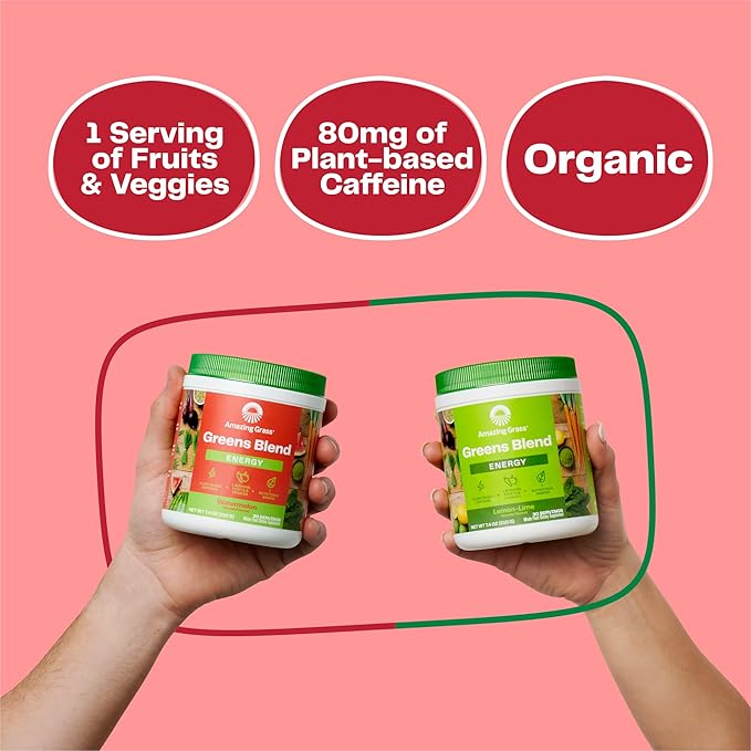 Amazing Grass Greens Blend Energy: Smoothie Mix, Super Greens Powder & Plant Based Caffeine with Matcha Green Tea & Beet Root Powder, Watermelon, 30 Servings (Packaging May Vary)