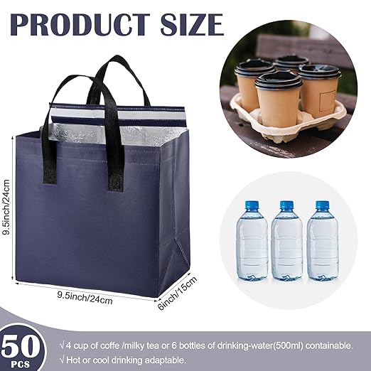 50 Pcs Insulated Take Away Bags Bulk Thermal Insulation Food for Coffee Milk Tea Hot Cold Food Fresh Seafood Cooler Pizza Delivery Bags for Catering Restaurant Grocery (Navy Blue)