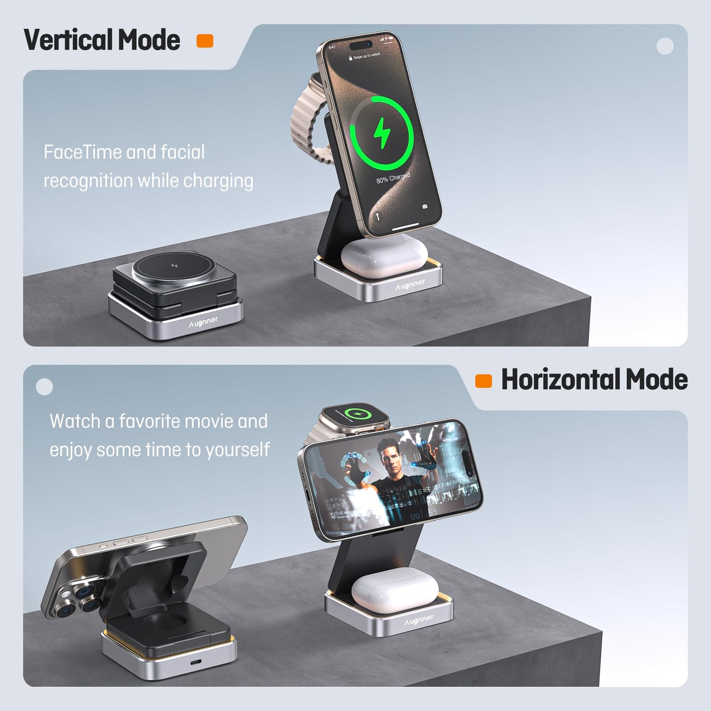 【2025 Upgraded】Magnetic Wireless Charger 3 in 1, Travel Foldable Wireless Charging Station with Night Light for Apple MagSafe Charger, Nightstand Fast 15W Charging Station (20W Adapter)