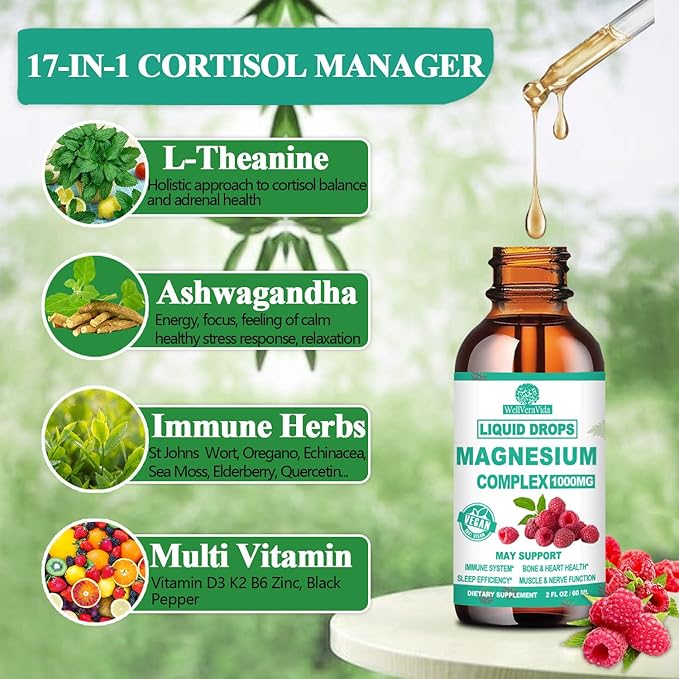 Cortisol Detox for Women & Men w. Super Calm 16-in-1 Magnesium, Theanine, Ashwagandha, St Johns Wort, Lemon Balm, Cortisol Wellness Liquid Drops for Balanced Cortisol, Harmone Balanced & Relaxation