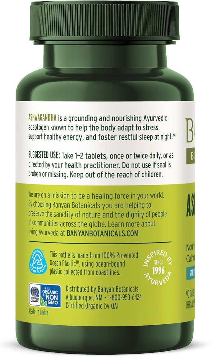 Banyan Botanicals 1000mg Ashwagandha Tablets – Organic Ashwagandha Root – Renowned Herbal Adaptogen for Energy Support and Stress Support* – 90 Tablets – Non-GMO Sustainably Sourced Vegan