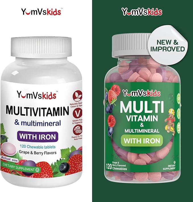 YumVs Complete Kids Multivitamin with Iron - Kids Chewable Multivitamin - Kids Vitamins Multivitamin + Kids Iron Supplement - Toddler Vitamins for 2 Year Old+, Kosher, Halal, Gluten Free (120 Tablets)