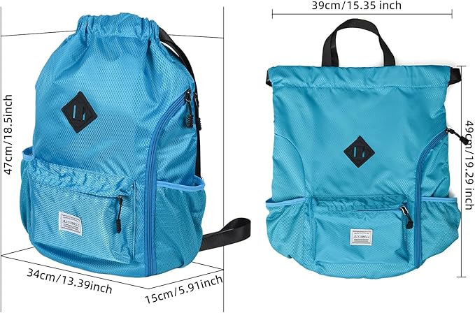 ALUSBELL Large Drawstring Backpack Bag, Sports Gym Bag String Sackpack with Shoes Compartment, Waterproof String Bag Cinch for Women Men(Lake Blue)