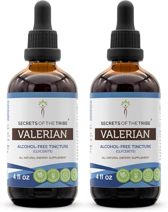 Secrets of the Tribe Valerian Alcohol-Free Tincture (Glycerite) Valerian (Valeriana Officinalis) Dried Root (2x4 Fl Oz)