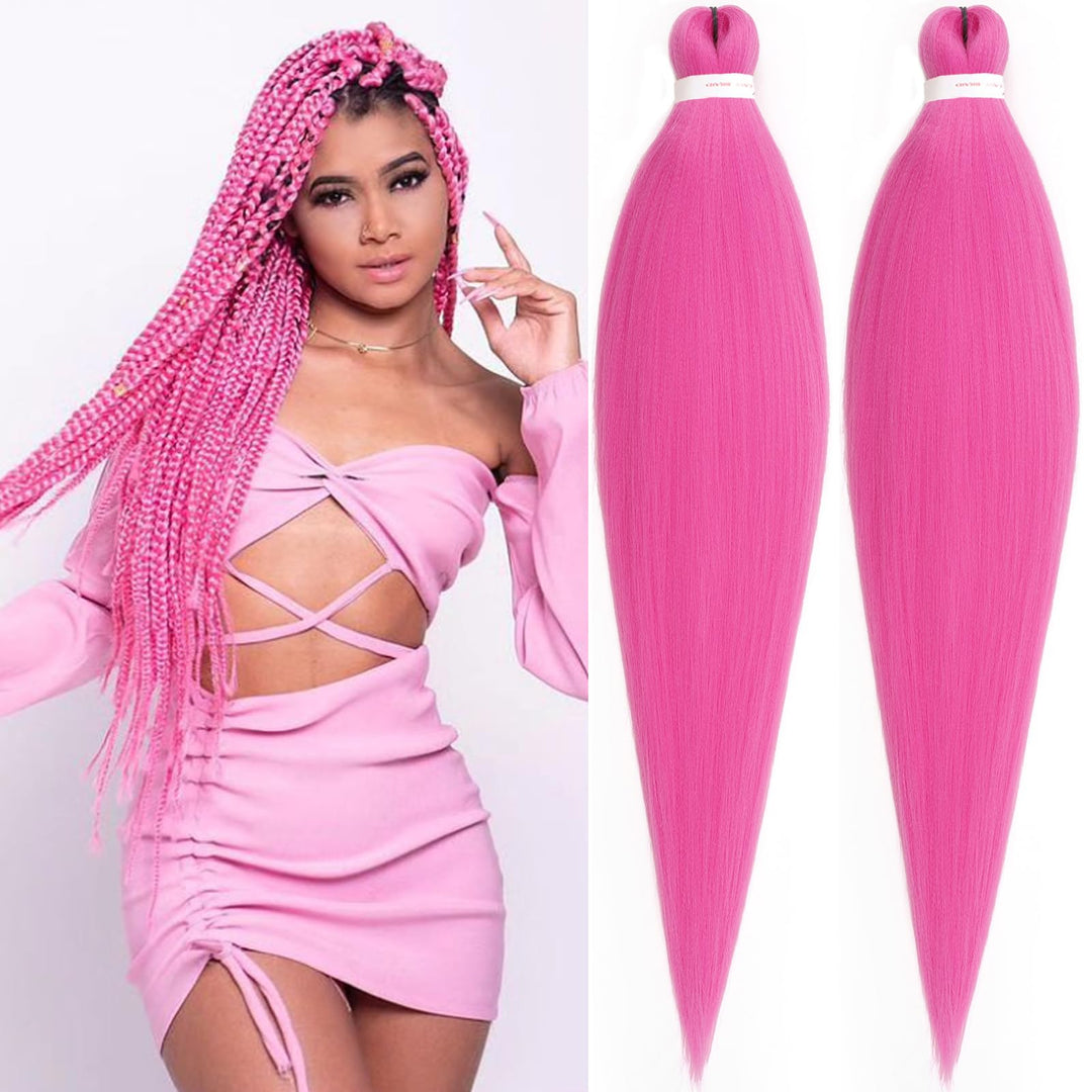 Unionbeauty 2Packs Pre Stretched Braiding Hair 26Inch Rose Pink Braiding Hair Synthetic Braiding Hair Hot Water Setting EZ Braids for Box Braids Yaki Texture Hair Extensions Crochet Braids(Rose Pink#)