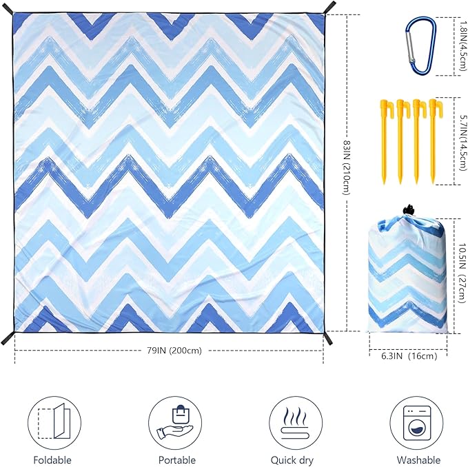 Beach Blanket Waterproof Sandproof Beach Mat 79" X 83" /10'x9'for 2-8 Adults Quick Drying Outdoor Picnic Mat Beach Accessories for Travel, Camping, Hiking