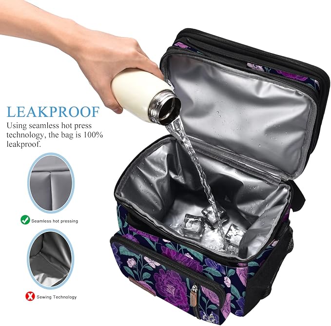 MIYCOO Lunch Bag for Women Men Double Deck Lunch Box - Leakproof Insulated Soft Large Lunch Cooler Bag, (Purple Flower,15L)
